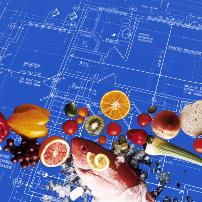Blueprint sheet with healthy food on it.